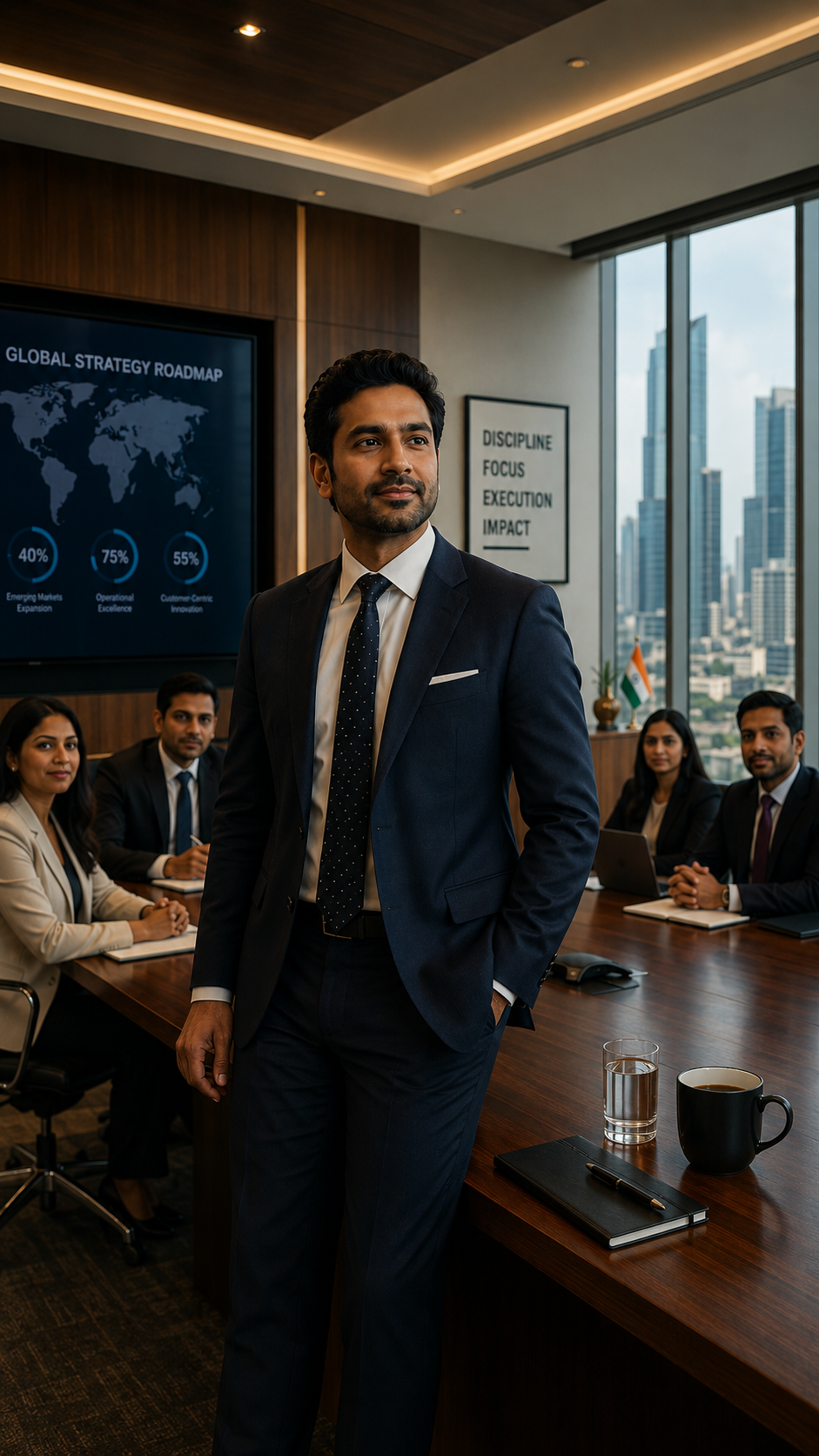 A confident migrant professional in a corporate boardroom — quietly commanding presence